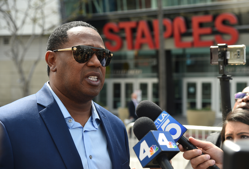 Master P speaking outside Nipsey Hussle’s memorial service at the Staples Center April 11, 2019